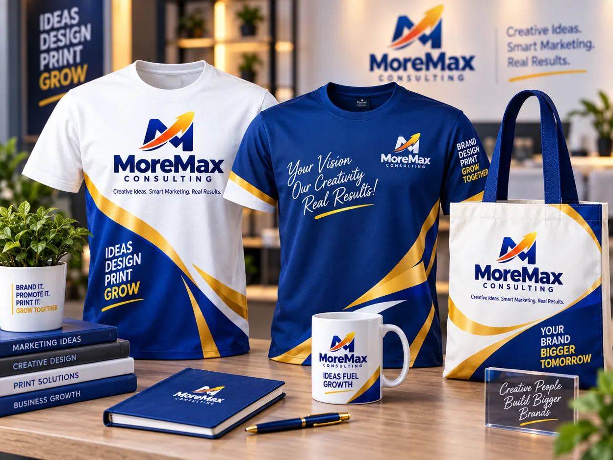 Illustrative custom MoreMax T-shirts, tote bag and mug in a product display