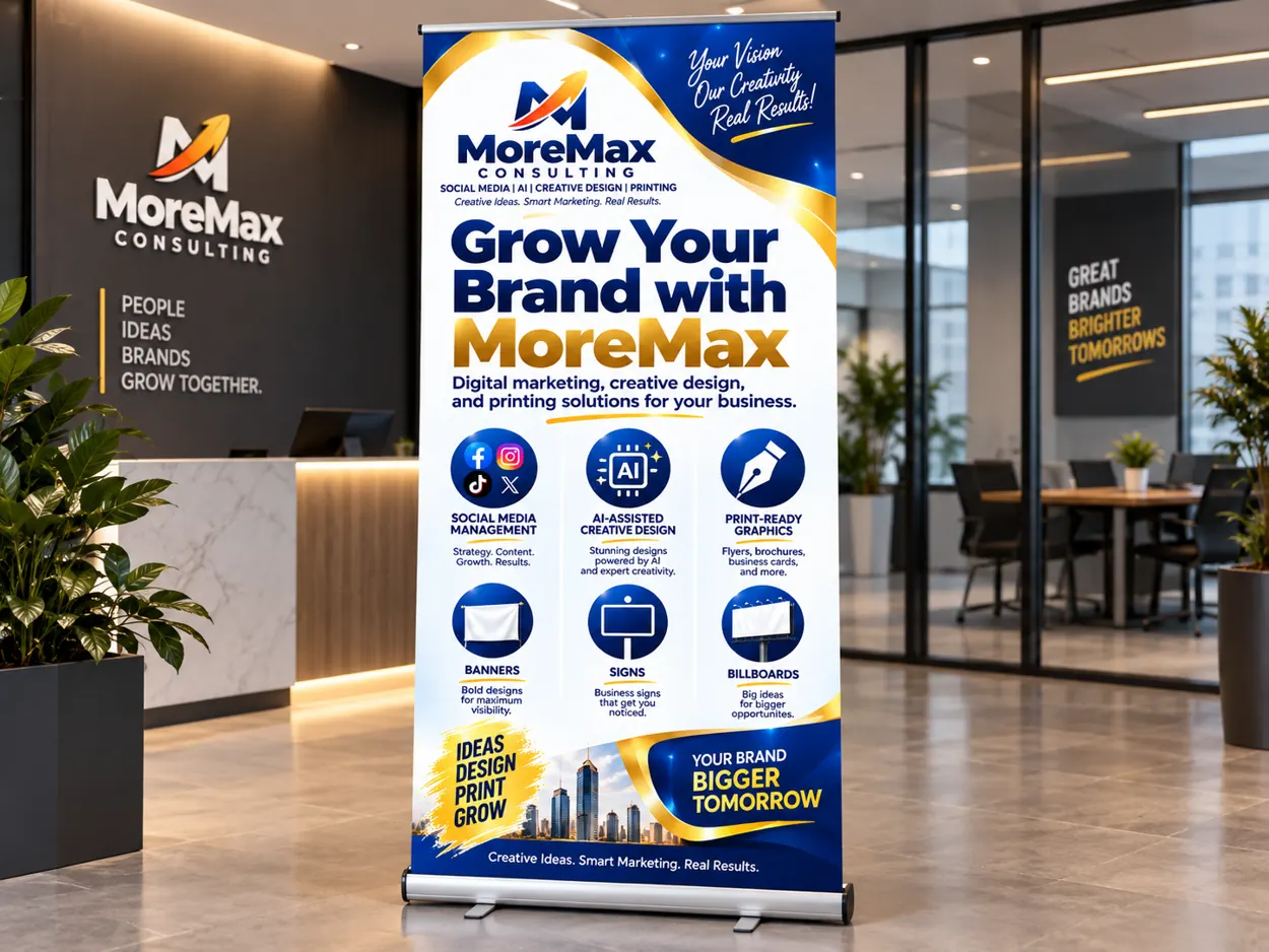 Illustrative branded roll-up banner standing in an office