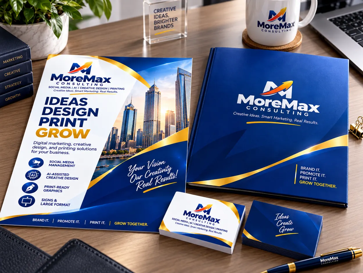 Illustrative branded business cards and printed materials on a desk
